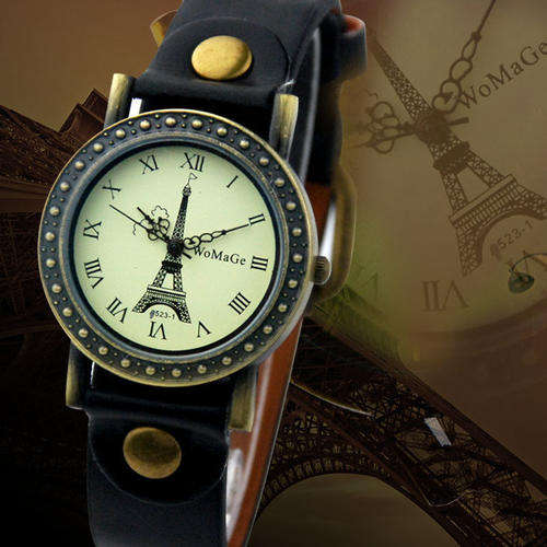 Vintage  Leather Band  Wrist Watch Eiffel Tower