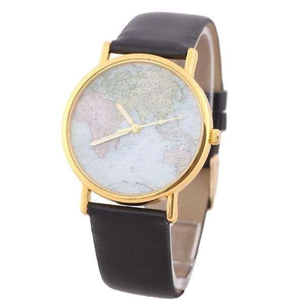 New Black Band World Map Style Round Fashion Alloy Quartz Movement Wrist Watch