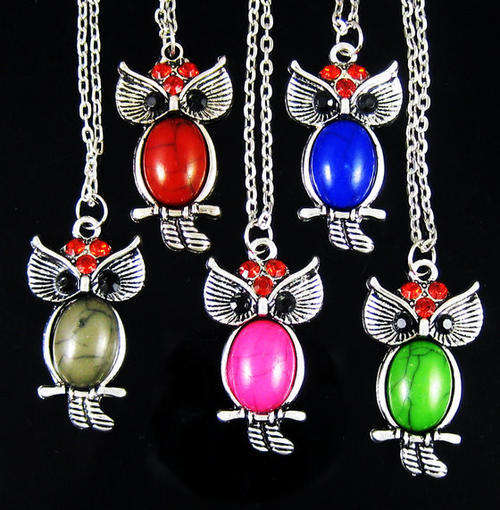 5 X Retro crystal rhinestone owl bird pendants necklaces