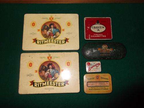 Assort of tins - cigar, Cattarrh Pastilles, old record needles Willson Goggles USA