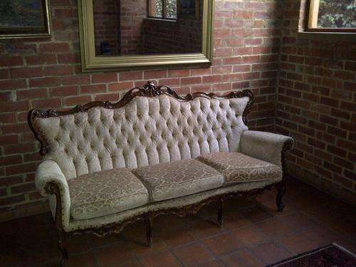 French styled 3 seater settee - nice carved detail - upholstery fair - structure great