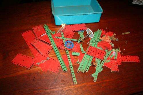 Mechano - an assortment of very old mechano parts - plus it's spanner container incl
