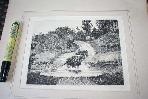 Great Etching Ox wagon going through a drift Transvaal