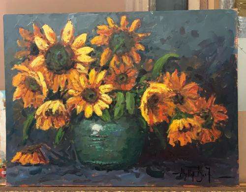 STUNNING PHILLIP BRITZ  61 X 46 CM OIL ON CANVAS LAID DOWN SUNFLOWERS