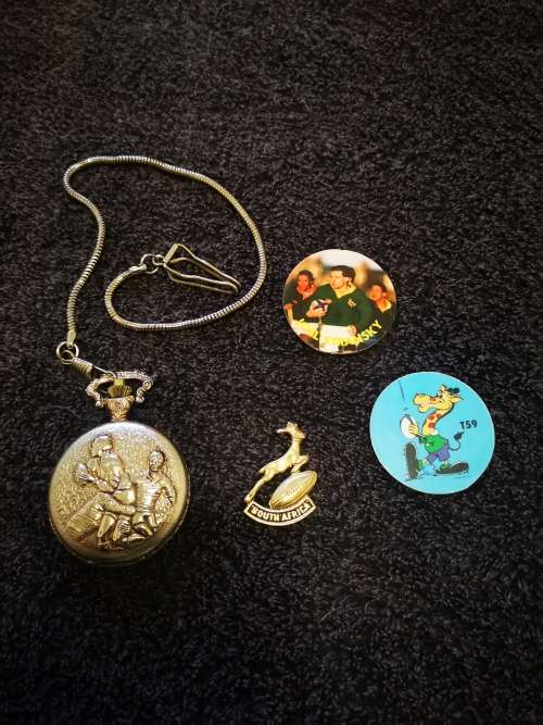 SA Rugby Pocket Watch 1889-1989 with rugby pin and 2X Joel Stransky slammas