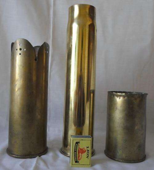 3 X CANNON SHELLS - ONE BEING AN 1899 BOER WAR KARLSRUHE CASING