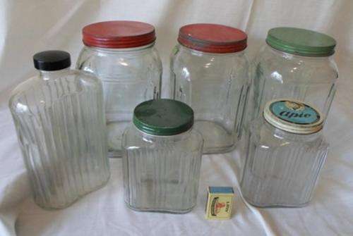 VINTAGE RIBBED GLASS SHOP COUNTER BOTTLES / JARS AND RIBBED WATER BOTTLE