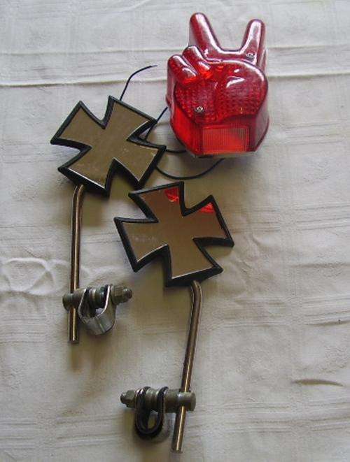 OLD PEACE FINGERS TAIL LIGHT AND MALTESE CROSS REAR VIEW MIRRORS