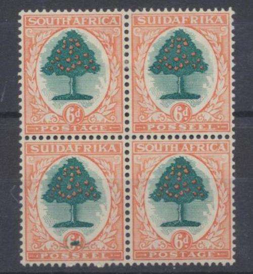 UNION 6d  BLOCK OF 4 WITH GREEN BLOB OVER VALUE TABLET VARIETY - MINT