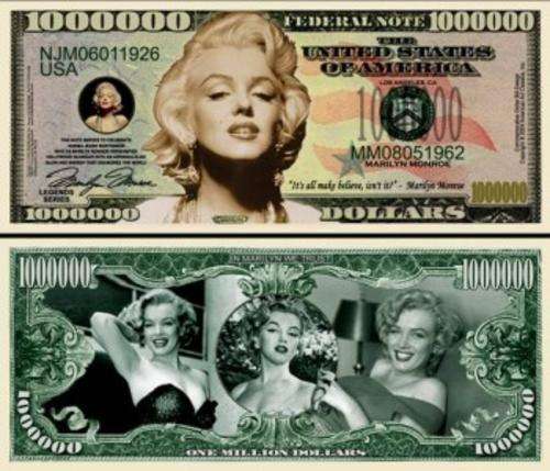 IN MEMORY MARILYN MONROE NOVELTY ONE MILLION DOLLAR BILL