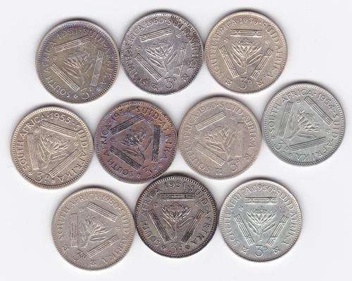 x10 SA Union Three Pence (50% Silver)  Price for all 10