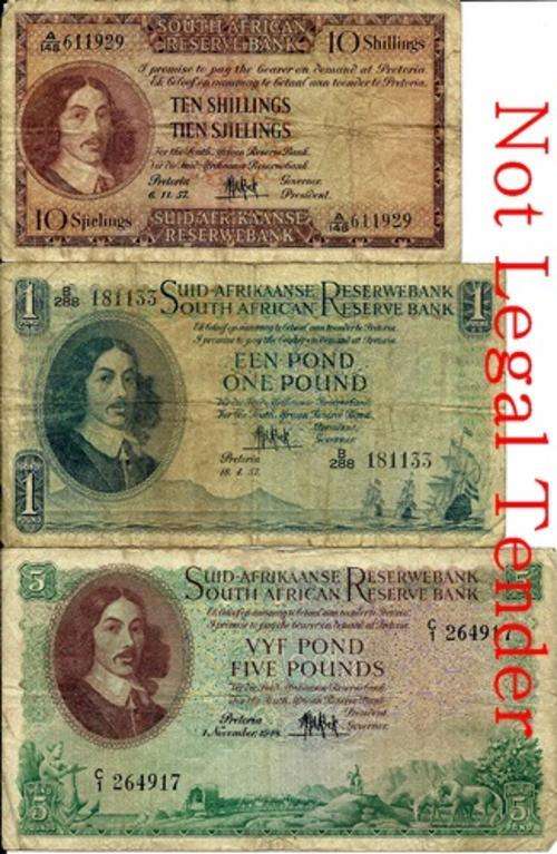 M.H. de Kock Set of Notes 10/- ; 1 & 5 Pounds Notes
