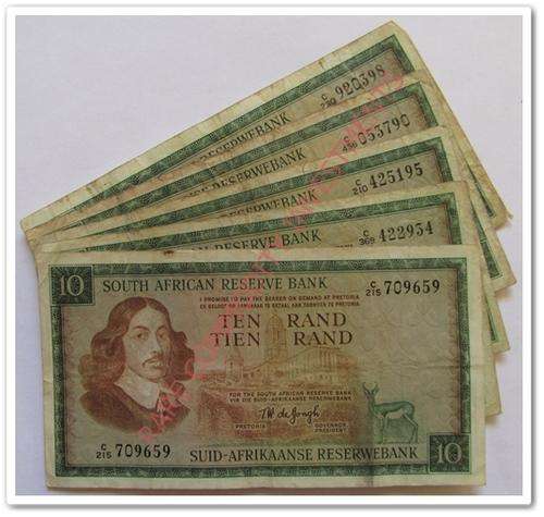 TEN RAND BANK NOTE - TW DE JONGH !! (X5)-ONE LOT