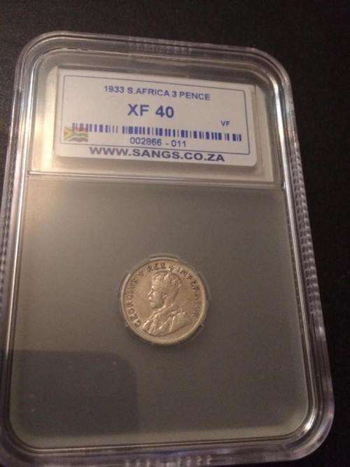 1933 South Africa Three Pence - SANGS graded XF 40
