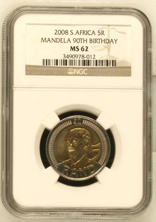 2008 S.AFRICA MANDELA 90TH BIRTHDAY R5 - MS62 - NGC GRADED