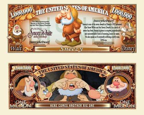 SNEEZY DWARF NOVELTY MILLION DOLLAR BILL