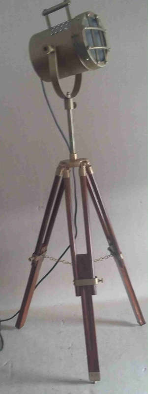 Wood and aluminium tripod lamp stand and feature lamp fitting