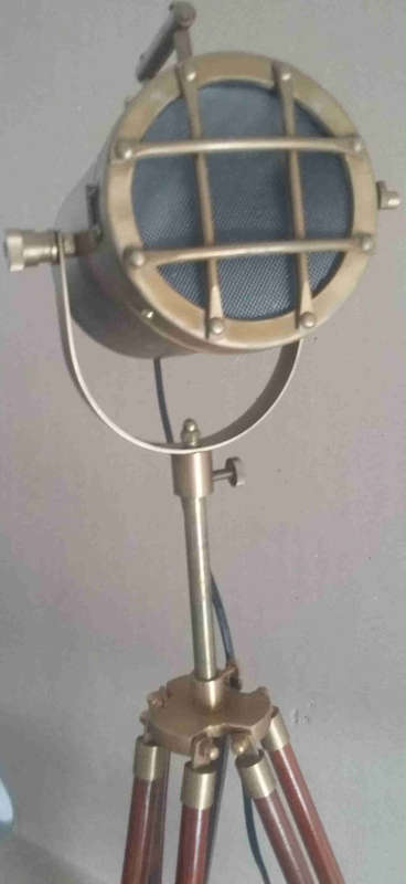 Wood and aluminium tripod lamp stand and feature lamp fitting