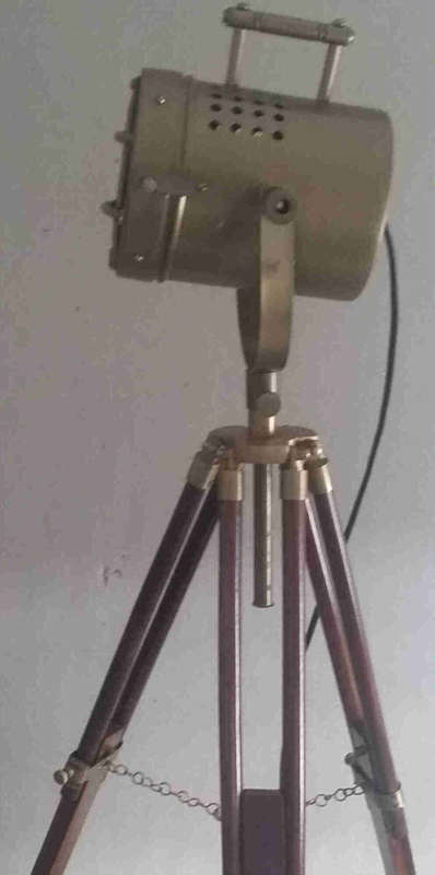 Wood and aluminium tripod lamp stand and feature lamp fitting
