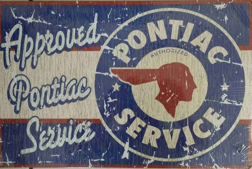 Pontiac V8 logo. Distressed vintage style metal sign.
