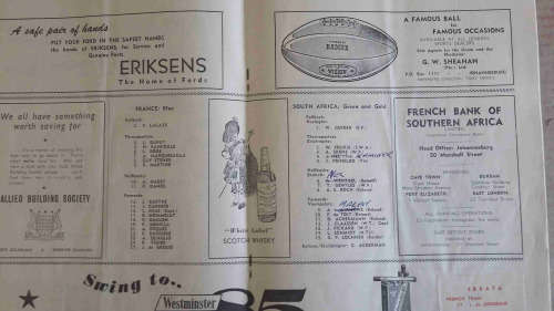 Springbok Rugby 1958 program. SA vs France. Afrikaans