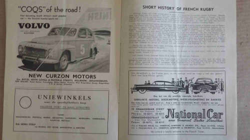 Springbok Rugby 1958 program. SA vs France. Afrikaans
