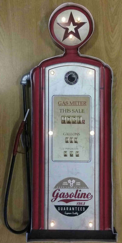Gasoline petrol pump, metal light sign.