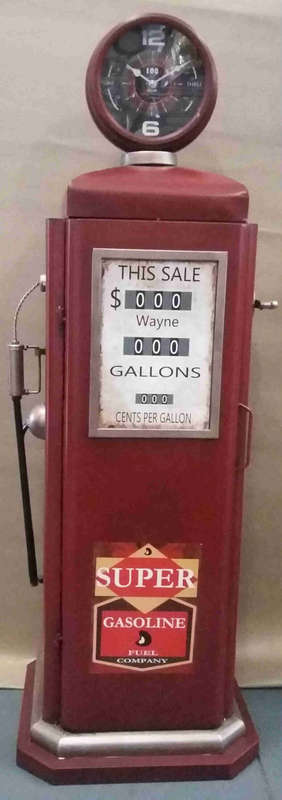 Super Gasoline model tin petrol pump cupboard & clock.