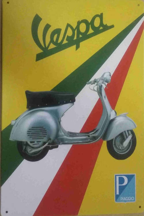 Vespa motor cycle metal sign.