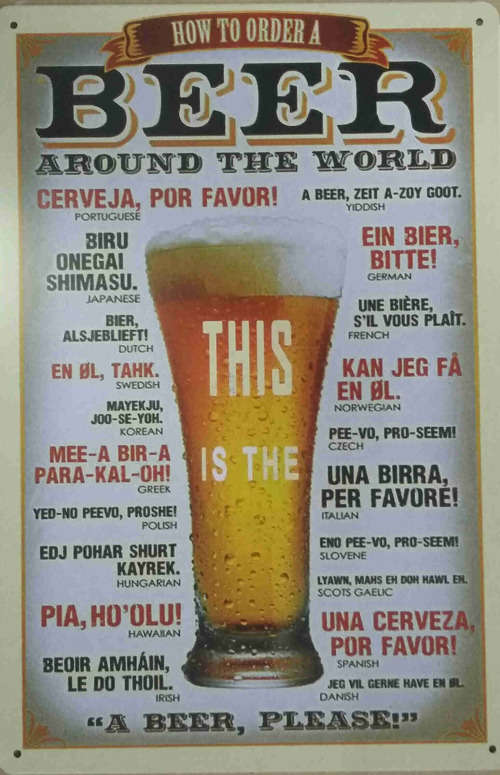 Beer. How to order a beer around the world. Embossed metal sign