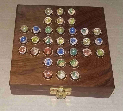 Solo Game, Rosewood and Brass Box with Glass Marbles.