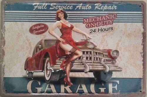 Garage, Mechanic on Duty Embossed metal sign.