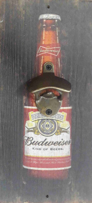 Budweiser, Advert board with bottle cap opener. Wall mounted