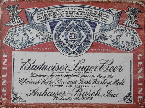 Budweiser Lager Beer metal sign.