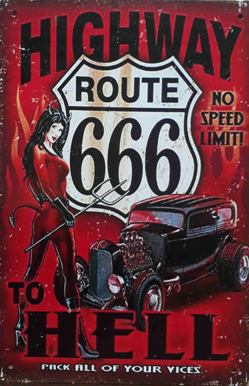 Route 66. Highway to hell distressed metal sign