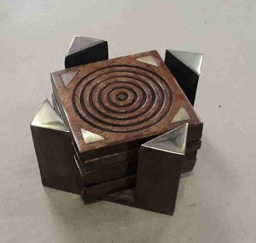 Wooden coasters. Set of 6 , solid wood and Brass in a solid wood and brass holder.