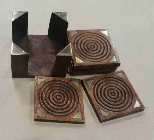 Wooden coasters. Set of 6 , solid wood and Brass in a solid wood and brass holder.
