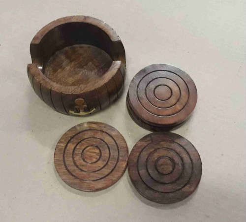 Wooden coasters. Set of 6 , solid wood in a solid wood & brass holder.