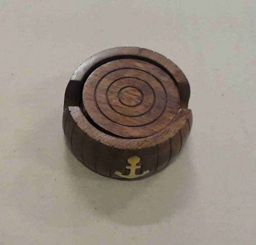 Wooden coasters. Set of 6 , solid wood in a solid wood & brass holder.