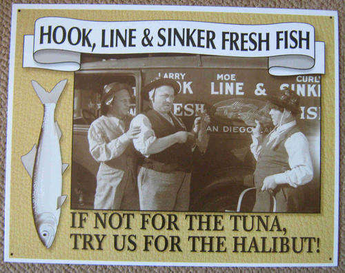 Hook line and sinker fishing metal sign