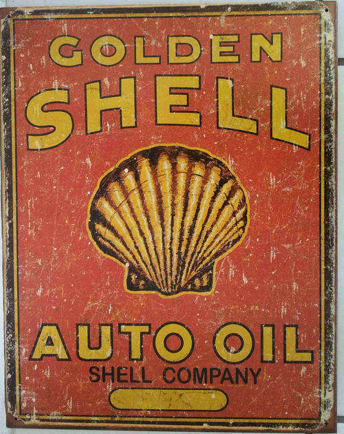 Shell. Golden Shell auto oil distressed metal sign