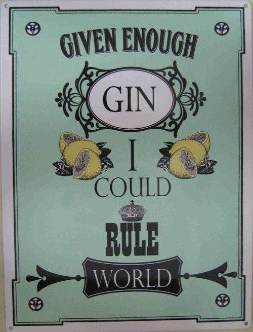 Gin. Given enough I could rule the world. Metal sign