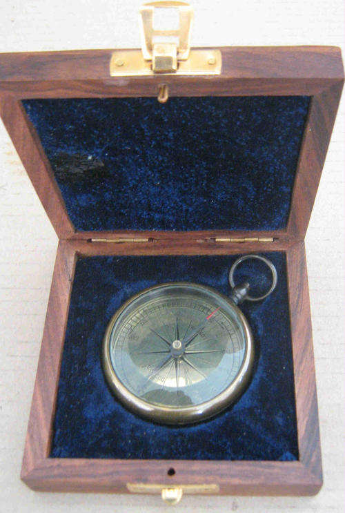 Watch compass antique brass in rosewood box