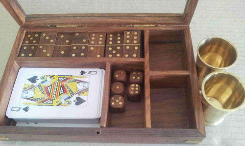 Diminos, dice, cards and 2 brass goblets in rosewood and glass box