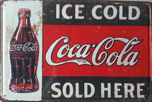 Ice cold coca-cola embossed metal sign.