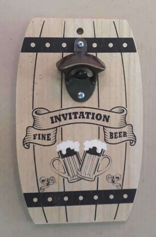 Invitation, beer wooden bottle cap opener.