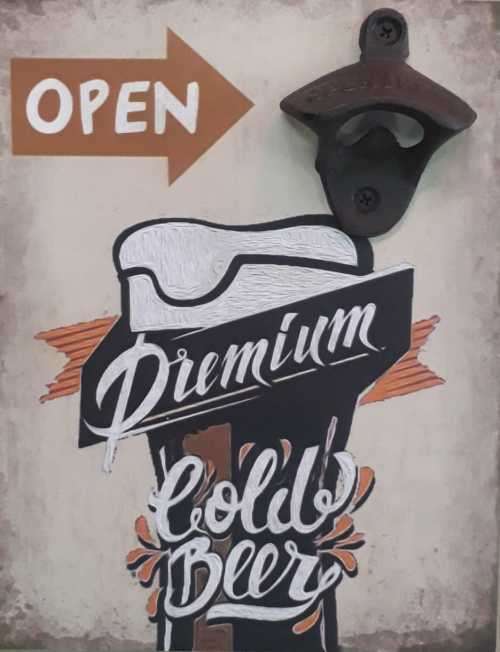 Open here, beer wooden bottle cap opener.