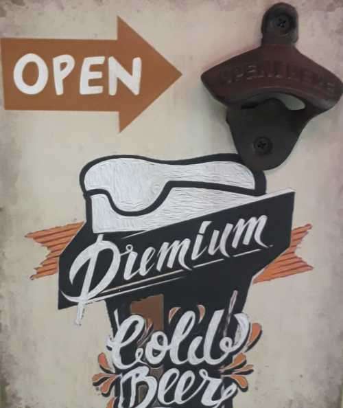 Open here, beer wooden bottle cap opener.
