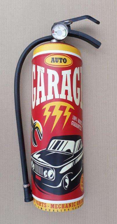 Auto garage fire extinguisher, metal garage / wall decor.