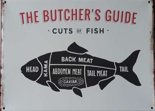 The butcher`s guide. Fish cuts metal sign.